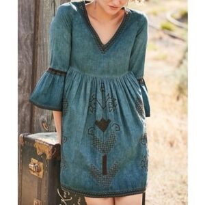 Peruvian Connection Beaumont Pigment-dyed Embroidered Blue Tunic Dress sz Large